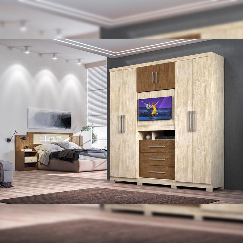 Guarda Roupa 06 Pts 03 Gav e Painel p/ Tv + Espelho Dubai Plus